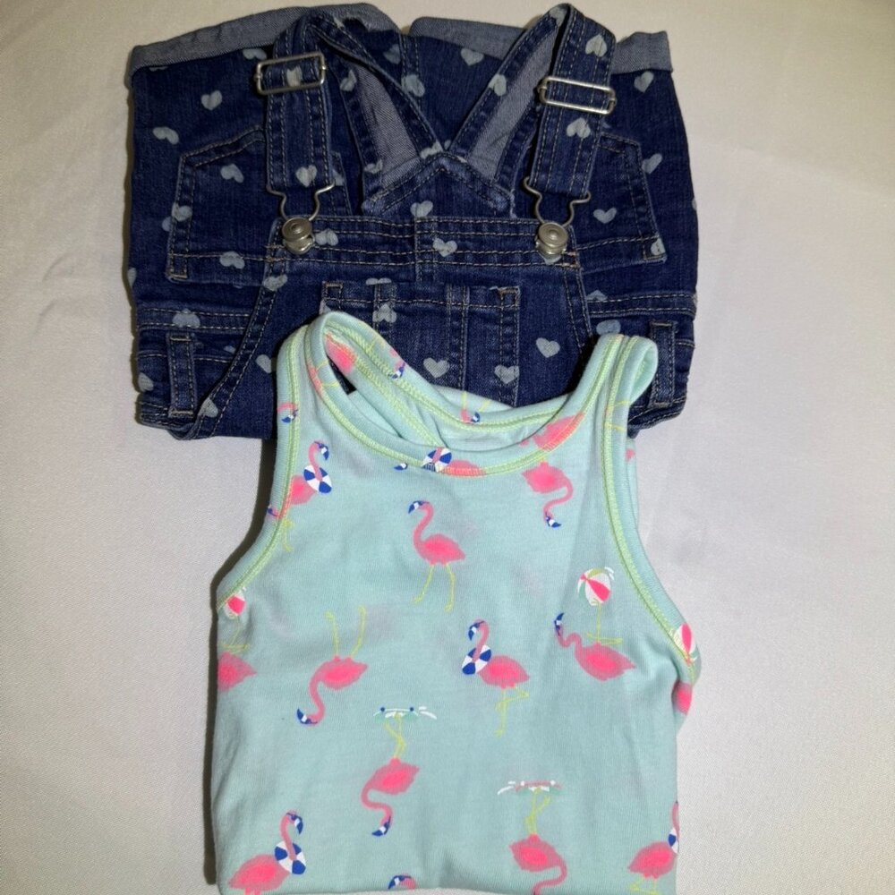 Cat & Jack Wonder Nation Toddler Girl 2T Outfit Bundle Flamingo Dress & Overalls